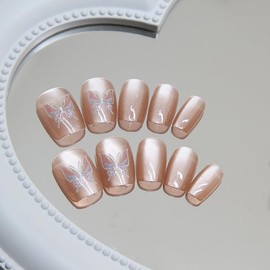 24 Pcs Cat Eyes Press on Nails Short Square RIICFDD Light Pink Fake Nails Butterfly Designs Press on Nail Glitter Full Cover False Nails Glossy Stick on Nails for Women and Girls Reusable Nails