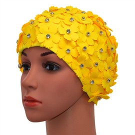 Medifier Manual Rhinestone Floral Petal Retro Style Swimming Cap Swimming Caps for Women Yellow