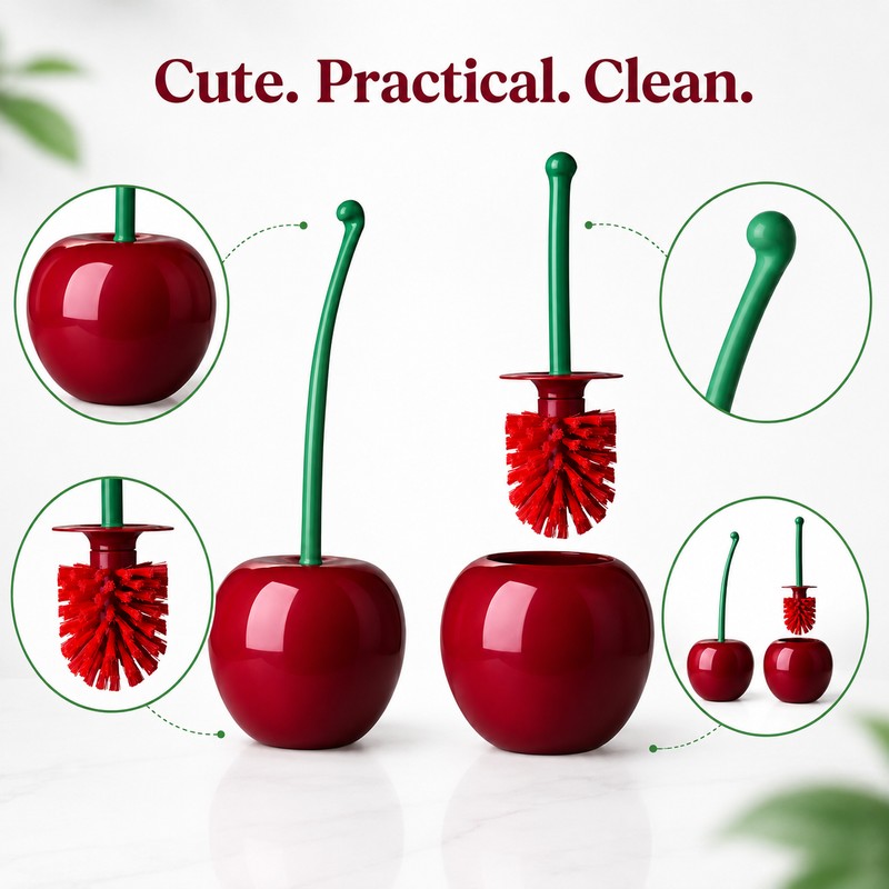 Cherry Toilet Brush Set for Bathroom - Long Handle Soft