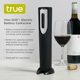 True Vino Drill Electric Corkscrew Wine Opener with Foil Cutter, Battery Operated, Cordless Wine Bottle Opener for Home Bar, Birthday, Housewarming, Wedding Gifts, Set of 1, Black