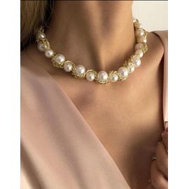 Pearl Choker Necklace for Women Chunky Twist Gold Rope Chain Pearl Necklace Statement Pearl Necklace Wedding Prom Evening Party Jewelry Gift (A)
