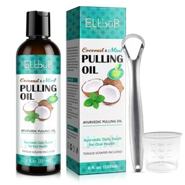 Coconut Pulling Oil - Ayurvedic Mint Oil Pulling Mouthwash with Tongue Scraper | Natural Essential Oils for Fresh Breath, Teeth Whitening & Healthy Gums | Alcohol-Free 8 Fl. Oz