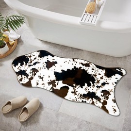 YULUOSHA Cow Cute Bath Mat, Faux Rabbit Fur Non-Slip Shaggy Water Absorbent Microfibre Soft Fluffy Bathroom Rugs (Brown, 60 x 120 cm)