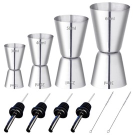 RUIJIE 4 Stück Cocktail Messbecher Edelstahl Barmaß 2cl/3cl/4cl/5cl/6cl Klein Jigger mit Innenskalierung Dual Gin Measuring Cups mit 4 Flaschenausgießer & 2 Bürste Doppelmaß für Bar Party Wein Drink