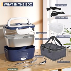 Monteka Electric Lunch Box Food Heater - Leakproof Portable Food Warmer heated lunch box for adults for Car/Home/Truck with 1.5L Removable Stainless Steel Container, 60W, 12V/24V/110V, DarkBlue