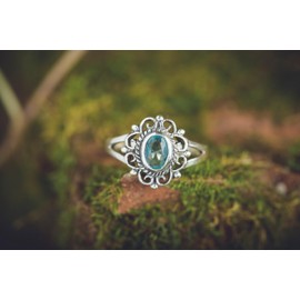 WINDALF Medieval Ring Ciscandra 13 mm Vintage Flower with Light Blue Crystal Silver Ring 925 Sterling Silver, Fabric jewellery bag, Crystal