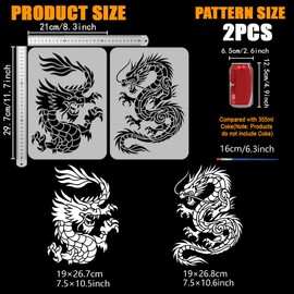 FINGERINSPIRE 2 Pcs Chinese Dragon Totem Painting Stencil with Paintbrush 29.7x21cm Reusable DIY Decorative Dragon Stencil Template for Wood, Fabric, Furniture, Wall, DIY Crafts, Home Decor
