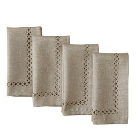 Newbridge Square Fabric Napkins, Set of 4 Napkins, Holiday Provence Lattice Cutwork Solid Color Textured, Water and Stain Resistant Easy Care, Taupe