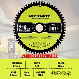 NICAVKIT Diameter 216 x 30 mm Circular Saw Blade for Wood (Saw Blade for Wood, Diameter 216 x 30 x 2.5 mm, 60 Teeth, Accessories Circular Saw) Carbide Teeth Circular Saw Blades, Suitable for Softwood
