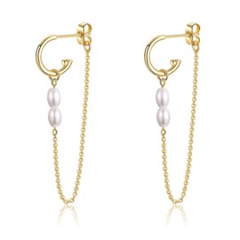 LYTOPTOP Pearl Earrings for Women, 14k Gold Plated Pearl Chain Dangle Drop Earrings Hypoallergenic Silver Hoop Dangle Earrings for Ladies