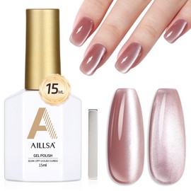 AILLSA Cat Eye Gel Nail Polish Pink Crystal Glitter Polish with Magnet, Nude Burgundy Glass Shimmer Nail Polish Jelly Color Reflective Translucent U V Gel Salon DIY at Home 0.5 OZ GF25