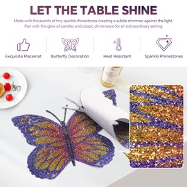 Cumouna Butterfly Placemats Set of 4, Colorful Rhinestones Bling Butterfly Home Kitchen Table Decoration Place Mat,Gifts for Friends Women Mom (Purple,4PCS)