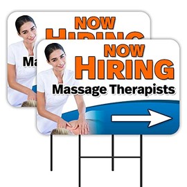 Vista Products Now Hiring Massage Therapists 2 Pack Double-Sided Yard Signs 16" x 24" with Metal Stakes (Made in Texas)