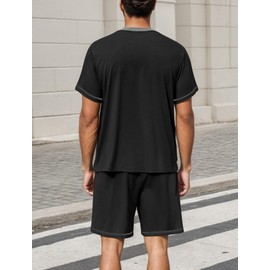 FEOYA Men's Pyjamas Set Short Sleeves Loungewear Nightwear Summer Sleepwear Loose Soft L Black