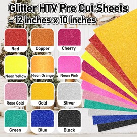 TECKWRAP Glitter HTV Glitter Heat Transfer Vinyl 12" x 10" 12 Sheets/Pack for DIY Clothing,T-Shirts,Fabric Glitter Iron on Vinyl Compatible with Heat Press Craft Cutters
