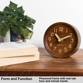 Driini Wooden Analog Desktop Clock – 4.3 in. Decorative Pinewood, No-Tick Design – Easy to Read Silent Sweep Mantle Clock – Quiet Tabletop Clocks with Wood Body, Hands, & Battery Cover; Dark