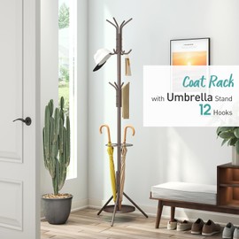 Vriccc Coat Rack, Coat Rack Freestanding with Umbrella Holder, Adjustable Height Shelf with 12 Hooks, Used In The Bedroom, Living Room, Office To Hang Clothes, Hats, Bags