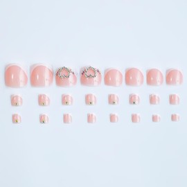 White French Tip Press on Toenails Sparkling Fake Toenails with Love Heart Rhinestone Charm Stick Designs Summer False Toenails Glossy Pink Full Cover Artificial Toenails for Pedicure Decor 24Pcs
