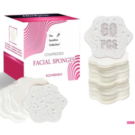 60-Count Compressed Facial Sponges, 100% Natural Cosmetic Spa Sponges for Facial Cleansing, Exfoliating Mask (White Flower)