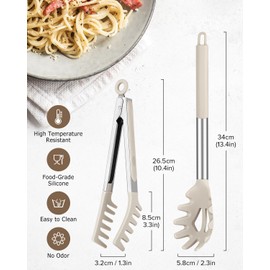 Spaghetti Spoon and Pasta Tong, Non-stick Silicone Spoon Server Fork with teeth and Stainless Steel Handle Spaghetti Tong, Food Clip for Spaghetti Noodle, Khaki
