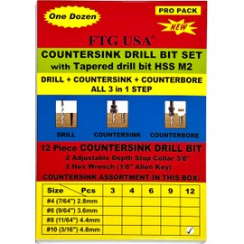 FTG USA 12 Pc #10 (3/16") Countersink Drill Bit Set with Depth Stop Collar, Hex Wrench - Tapered Drill Bits for Wood