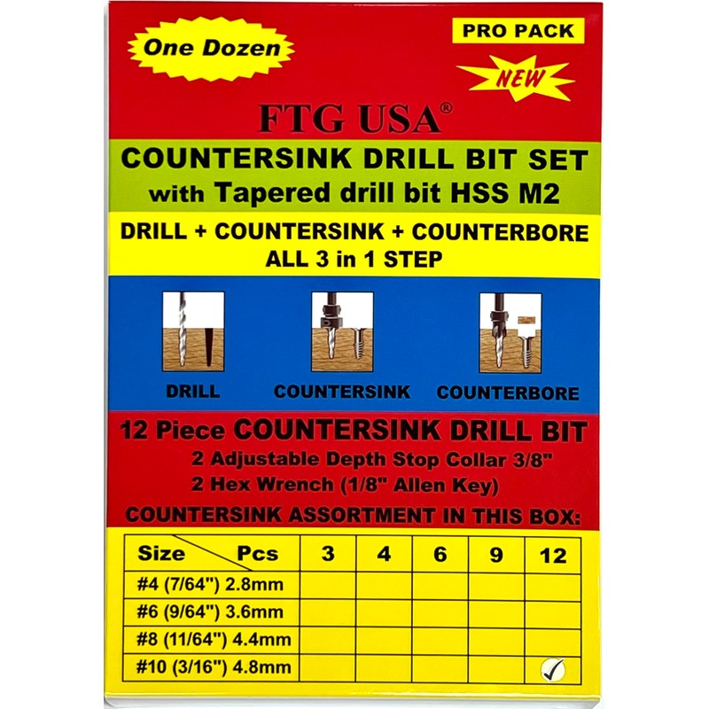 FTG USA 12 Pc #10 (3/16") Countersink Drill Bit Set