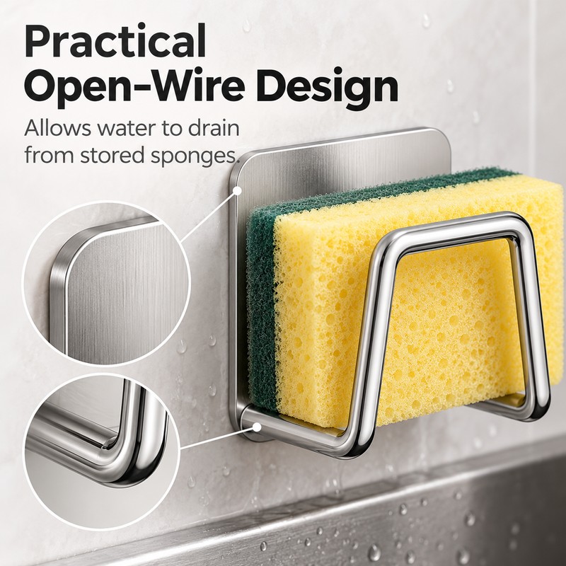 Stainless Steel Sponge Holder for Kitchen Sink – No-Drill Adhesive