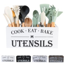 LIBODOUR Utensil Holder,Extra Large Wooden Utensil Holder For Kitchen Counter,Cooking Spatula Organizer,Big Storage Caddy With 4 Compartments Flatware Spoon Tool Cutlery（White）