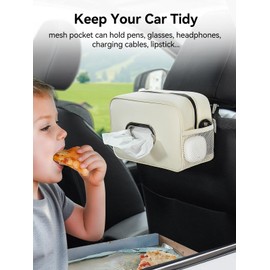 Multi-Functional Car Tissue Holder with ‌2 Storage Nets, Upgraded PU Leather Tissue Box Cover, Large Rectangle Napkin Organizer, Fit for 100-160 Regular Size Tissues, Keep Car Tidy, Beige