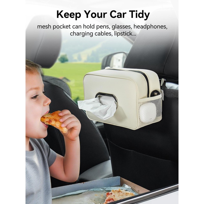 Multi-Functional Car Tissue Holder with ‌2 Storage Nets, Upgraded PU