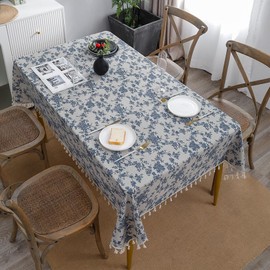 Anaado Cotton Linen Square Table Cloth for Dining Table, Table Cover 4 Seater, Vintage Blue Floral, 55''x55''