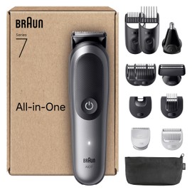 Braun All-in-One Series 7 Grooming Kit, 12in1, ProBlade & AutoSense, 120 Min, SkinGuard & Beard Fading, AquaGrip for Under Water Use, AIO7545, Grey