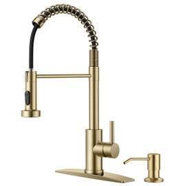FORIOUS Kitchen Faucet with Soap Dispenser, Gold Stainless Steel Spring Sink Faucet with Pull Down Sprayer Transitional Single Handle for Pot Filler, Farmhouse Camper Bar Laundry Room