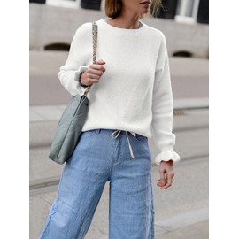 Saodimallsu Womens Fall Crew Neck Sweaters Ruffle Long Sleeve Lightweight Soft Knit Casual Pullover Top White