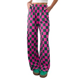 Lesore Womens Spring 2025 Casual Checkered Print Pants Elastic High Waist Wide Leg Pockets Straight Leg Lounge Palazzo Pants Green M