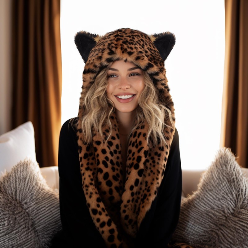 ShellKingdom Plush Novelty Animal Hat,3 in 1 Function Leopard Faux
