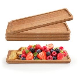 KEJJNYER Set of 4 Acacia Wooden Serving Platters, Rectangular Wooden Boards for Serving Food, Acacia Wood Serving Tray for Appetizer, Charcuterie, Fruit,Sushi (11 x 4 Inch)