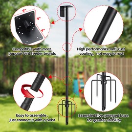 Bird Feeder Pole,75" Outdoor Bird House Pole Kit Stand with 5-Pronged Base, Adjustable Height & Universal Mount for Easy Setup, 2 Installation Methods, Matte Black Finish (Without Feeder)