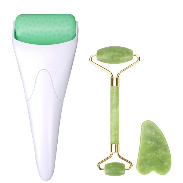 BFAHE Facial Roller Set of 3, Ice Roller, Two-Sided Jade Roller and Gua Sha Massage Tool, Rolling Tool for Facial Beauty and Body Massage, Helps Reduce Puffy, Releases Stress and Tension