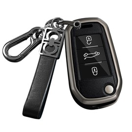 ontto Key Case Car Key Case Compatible with Peugeot 208 2008 308 3008 408 508 107 301 Citroen C4 Cactus C5 DS4 DS5 Metal Leather Key Case Key Case Key Fob 3 Buttons Accessories, black