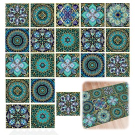 20PCS Moroccan Style Tile Stickers, Vintage Teal Golden Mandala Pattern, Peel and Stick Tiles for Bathroom, Kitchen, Walls & Floors