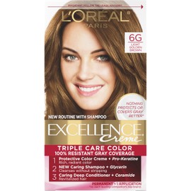 LOral Paris L'Oreal Paris Excellence Creme Permanent Triple Care Hair Color, 6G Light Golden Brown, Gray Coverage For Up to 8 Weeks, All Hair Types, Pack of 1