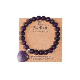 SCRDPRAD Healing Crystal Bracelet for Women,Love Heart Charm Pendant Bracelet,8MM Natural Stone Stretch Anti Anxiety Bracelets,Gemstone Bracelets for Women Men-Amethyst