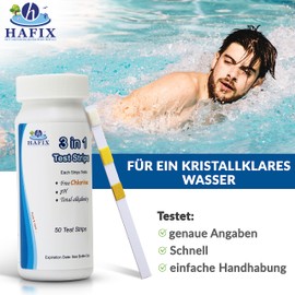 HAFIX® 3-in-1 pH Test Strips Pool Tester pH & Chlorine Pool Tester pH Meter Pool Water Tester pH Value 50 Test Strips pH Tester Total Alkalinity Pool Test Strips for Clean Water