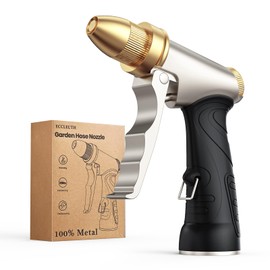 Heavy Duty Brass Garden Hose Nozzle High Pressure Metal Water Spray Nozzle with 4 Adjustable Patterns for Garden Watering, Car Washing & Pet Bathing (Brass)