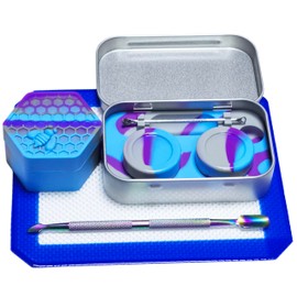 KUVIS Silicone Wax Carving 5ml 26ml Hexagon Concentrate Containers with 5.2" Rainbow Tool and 5.9"×4.9" Mat (Purple Blue Grey)