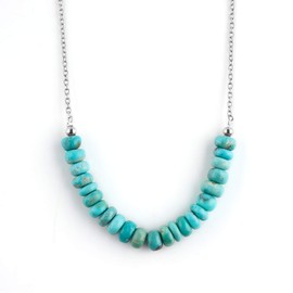 A+ Real Blue Turquoise Gemstone Plain Beads Bar Dainty Necklace Jewellery for Women, Birthstone, Gift for Her, Healing Crystals Jewellery in Rhodium Plated 925 Sterling Silver Chain 45 cm