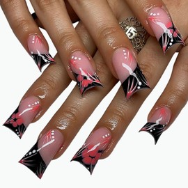 Medium Long Press on Nails Duck Shape Fake Nails Duckbill Black French Tip Manicure Red Flower Lines Dot Designs Glossy Glue on Nails Cute Duckbill Nails Press ons for Girls Women 24Pcs