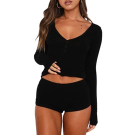 RUEWEY Womens Ribbed Knit Pajama Sets Long Sleeve Top and Shorts Matching Lounge Set PJ Set 2 Piece Outfits (S, C-Black)