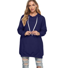 Famulily Womens Solid Color Kangaroo Pocket Pullover Casual Drop Shoulder Drawstring Thermal Hoodie Navy XXL